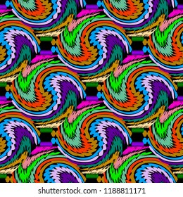 Colorful ornamental abstract vector seamless pattern. Multicolor bright abstraction background. Decorative modern spotty ornament. Endless tabby texture. Geometric design with colored waves, stripes
