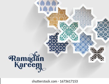 Colorful ornamental arabic tiles, patterns through white cut out stars, long shadows. Greeting card, invitation for Muslim holiday Ramadan Kareem. Vector illustration bacground, modern web banner.