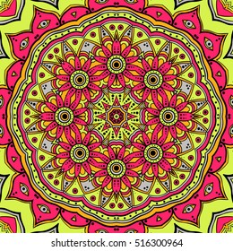 Colorful ornamental background with round pattern. Mandala design. Vector art