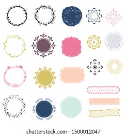 Colorful ornamental design elements set, isolated on white background. Vector collection of decorative frames, ribbons, banners