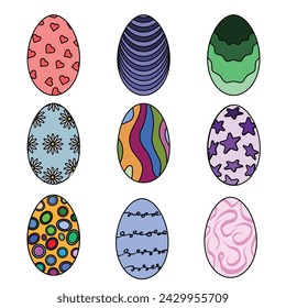 Colección ornamental de huevos de Pascua. Conjunto de iconos vectoriales de contorno de doodle de vacaciones de primavera