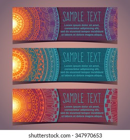 Colorful ornamental ethnic banner set. Templates with doodle tribal mandalas. Vector illustration.