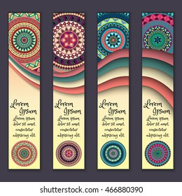 Colorful ornamental ethnic banner set. Templates with wavy elements and tribal mandala. Vector illustration.