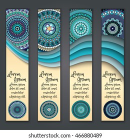 Colorful ornamental ethnic banner set. Templates with wavy elements and tribal mandala. Vector illustration.