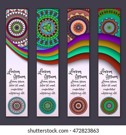 Colorful ornamental ethnic banner set. Templates with wavy elements and tribal mandala. Vector illustration.