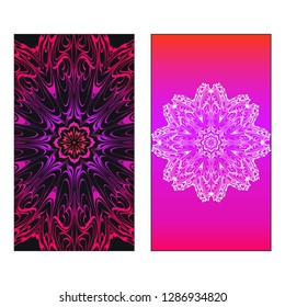 Colorful Ornamental Ethnic Flyer. Templates With Tribal Mandalas. Vector illustration. Purple, black, white color. For Wedding Invitation, Thank You Card, Save Card.