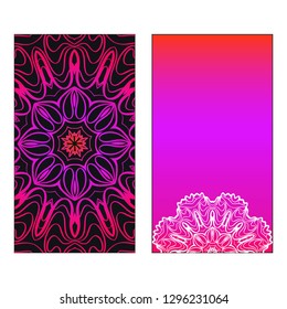 Colorful Ornamental Ethnic Flyer. Templates With Tribal Mandalas. Vector illustration. Purple, black, white color. For Wedding Invitation, Thank You Card, Save Card.