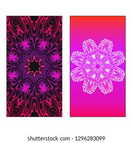 Colorful Ornamental Ethnic Flyer. Templates With Tribal Mandalas. Vector illustration. Purple, black, white color. For Wedding Invitation, Thank You Card, Save Card.