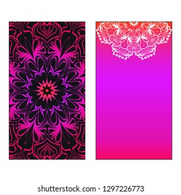 Colorful Ornamental Ethnic Flyer. Templates With Tribal Mandalas. Vector illustration. Purple, black, white color. For Wedding Invitation, Thank You Card, Save Card.