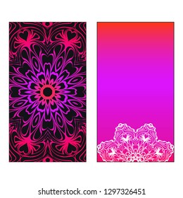 Colorful Ornamental Ethnic Flyer. Templates With Tribal Mandalas. Vector illustration. Purple, black, white color. For Wedding Invitation, Thank You Card, Save Card.