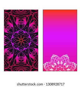 Colorful Ornamental Ethnic Flyer. Templates With Tribal Mandalas. Vector illustration. Purple, black, white color. For Wedding Invitation, Thank You Card, Save Card.