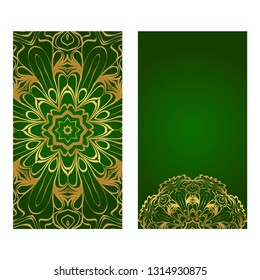 Colorful Ornamental Ethnic Flyer. Templates With Tribal Mandalas. Vector Illustration. For Congratulation Or Invitation, Sale Banner. Green gold color.