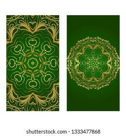 Colorful Ornamental Ethnic Flyer. Templates With Tribal Mandalas. Vector Illustration. For Congratulation Or Invitation, Sale Banner. Green gold color.