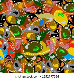 Colorful ornamental ethnic style vector Paisley seamless pattern.  Multicolor decorative floral background. Doodle hand drawn paisley flowers ornament with  geometric shapes, waves, circles, stitching