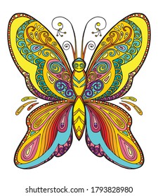 Colorful ornamental fantasy butterfly. Vector decorative abstract vector contour illustration isolated on white background. Stock illustration for adult coloring, design, print, decoration and tattoo.