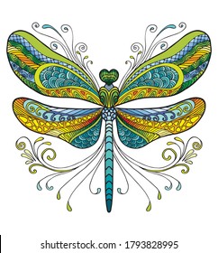 Colorful ornamental fantasy dragonfly. Vector decorative abstract vector illustration isolated on white background. Stock illustration for adult coloring, design, print, decoration and tattoo. 