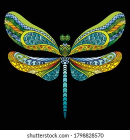 Colorful ornamental fantasy dragonfly.Vector abstract symmetric vector illustration isolated on black background. Stock illustration for T Shirt adult coloring, design, print, decoration and tattoo. 