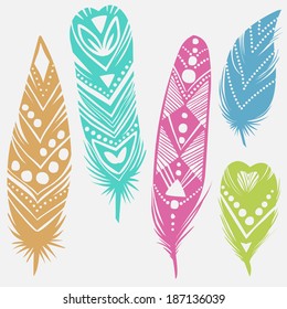 colorful ornamental feathers. Hand drawn vector illustration