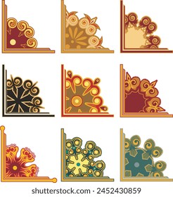 Colorful ornamental floral corner designs vector set in baroque style. Spring, summer theme. Great for borders, frames, page decoration, invitations, wedding templates, fabric and embroidery designs.