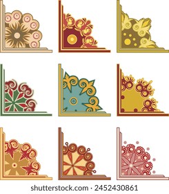 Colorful ornamental floral corner designs vector set in baroque style. Spring, summer theme. Great for borders, frames, page decoration, invitations, wedding templates, fabric and embroidery designs.