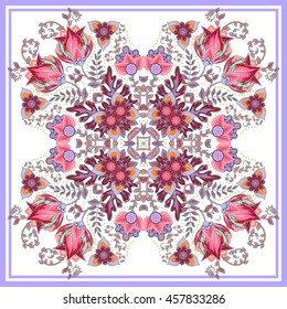 Colorful ornamental floral paisley shawl, bandanna, pillow, scarf. Square pattern. Detailed floral scarf design. Blue pink eastern ornament on white background. Batik