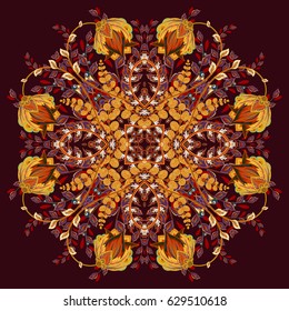 Colorful ornamental floral paisley shawl, bandanna, pillow, scarf. Square pattern. Detailed floral scarf design. Hot colors eastern ornament on white background. Batik