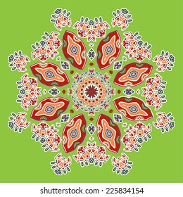 Colorful ornamental mandala on green background. Round pattern. Vector art