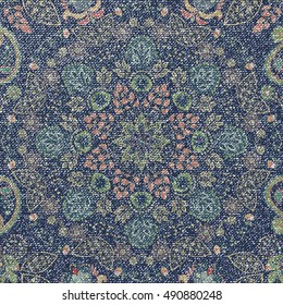 Colorful ornamental Paisley pattern, lace floral decorative background. Design for textile, wallpaper, shawl. Jeans effect texture. Vector