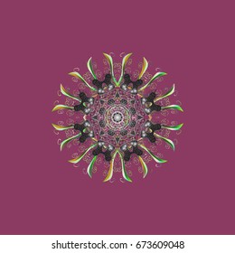 Colorful ornamental pattern on colorful background. Winter vector frame with arabesques, doodles and snowflakes. Fine greeting card.