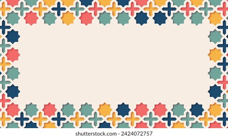 colorful ornamental pattern stone relief in the Arabic architectural style of an Islamic mosque, serving as a greeting card for Ramadan, Hari Raya, Eid Mubarak and Eid al-Adha.
