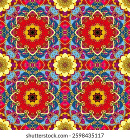Colorful ornamental pattern with stylized mandalas - flowers. Seamless ornate design.