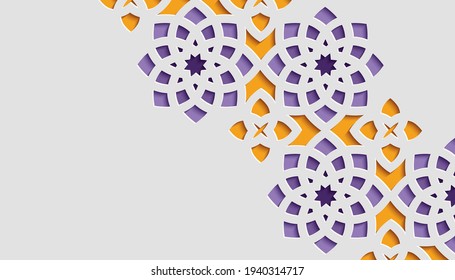 Colorido relieve de piedra con motivos ornamentales en el estilo arquitectónico árabe de la mezquita islámica, tarjeta de saludo para Ramadan Kareem