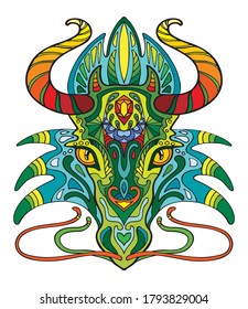 Colorful ornamental portrait of dragon. Abstract vector contour illustration isolated on white background. Stock illustration for adult coloring, T Shirt, design, print, decoration and tattoo. 