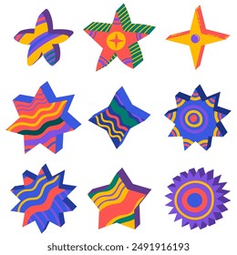 Colorful ornamental pseudo 3D star collection or set isolated on white. Symbols for game, flat style