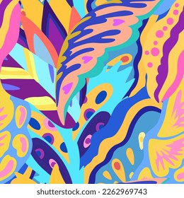 Colorful ornamental psychedelic pattern. Funky vector texture with colorful abstract organic shapes.