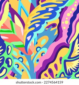 Colorful ornamental psychedelic pattern. Funky vector texture with colorful abstract organic shapes.