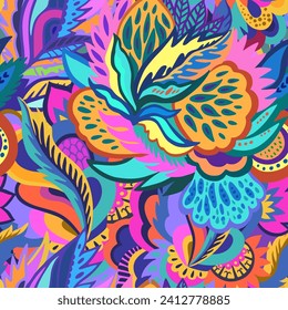 Colorful ornamental psychedelic pattern. Funky texture with colorful abstract organic shapes. Vector illustration.