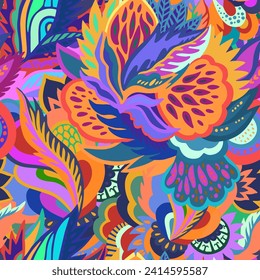 Colorful ornamental psychedelic pattern. Funky texture with colorful abstract organic shapes. Vector illustration.