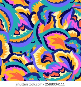 Colorful ornamental psychedelic pattern. Funky texture with colorful abstract organic shapes.