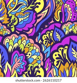 Colorful ornamental psychedelic pattern. Funky texture with colorful abstract organic shapes.