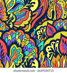 Colorful ornamental psychedelic pattern. Funky texture with colorful abstract organic shapes.