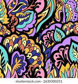 Colorful ornamental psychedelic pattern. Funky texture with colorful abstract organic shapes.