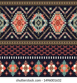 Colorful ornamental seamless pattern.  Geometric ethnic clipart. Arabian ornamental backdrop with decorative elements. Symmetric geometric ornamental motif. Design for textile, wallpaper, cover, rug