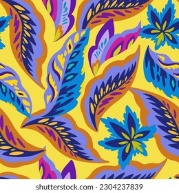 Colorful ornamental seamless pattern with simple abstract organic floral elements. Vibrant psychedelic vector illustration for design