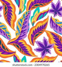 Patrón colorido ornamental sin costuras con simples elementos orgánicos florales abstractos. Vibrante ilustración de vector psicodélico para el diseño