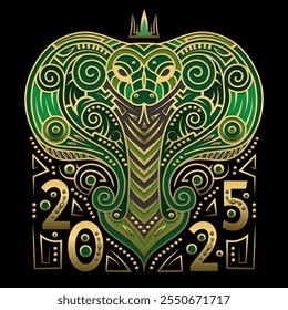 Colorful ornamental snake illustration with green and gold accents, featuring geometric and tribal elements, with the year 2025. Perfect for New Year greeting card design.