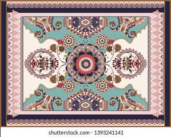 Colorful ornamental vector design for rug, carpet, tapis. Persian rug, textile. Geometric floral backdrop. Arabian ornament with decorative elements. Turkey floral carpet
