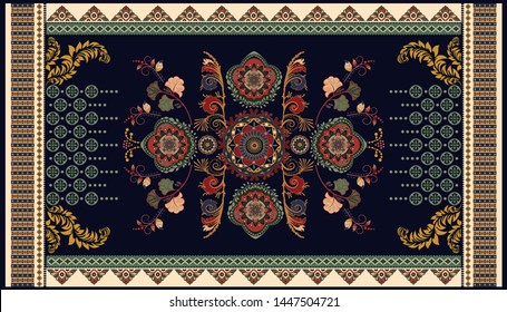 Colorful ornamental vector design for rug, carpet, tapis, yoga mat. Persian rug, towel, textile. Geometric floral backdrop. Arabian ornament with decorative elements. Vector carpet template