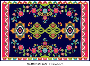 Colorful ornamental vector design for rug, carpet, tapis, yoga mat. Floral rug, towel, textile. Geometric floral backdrop. Abstract floral ornament. Vector rectangular carpet template