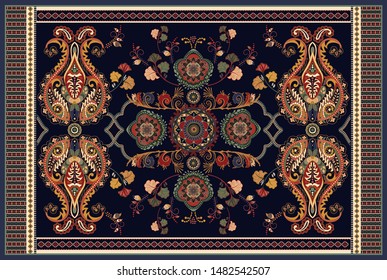 Colorful Ornamental Vector Design For Rug, Carpet, Tapis, Yoga Mat, Scarf. Persian Rug, Towel, Textile. Geometric Floral Backdrop. Arabian Ornament With Decorative Elements. Vector Carpet Template